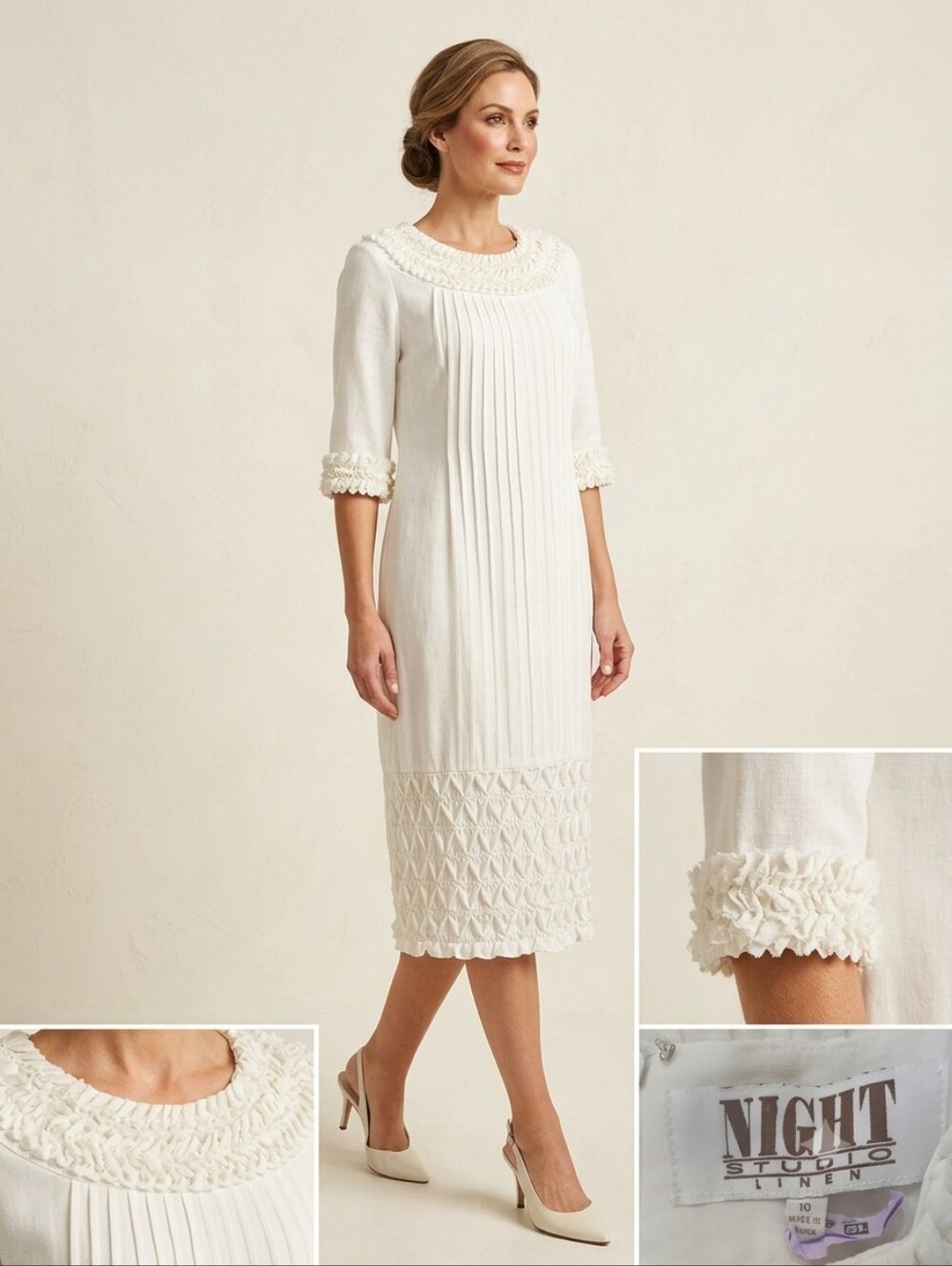 Night Studio Linen Ivory Pleated Shift Dress 10